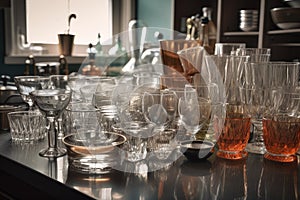 glassware arranged in a neat and orderly manner on benchtop photo