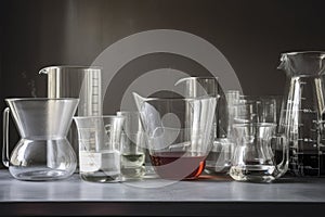 glassware and beakers arranged in a neat and orderly line