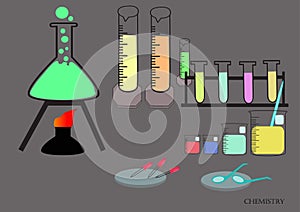 Glassware, chemicals, materials, and scientific experiments.