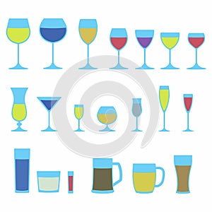 Glassware icon set. Colorful stemware for a different drinks. Beer glass, Wine glass and Cups isolated on white background icons c