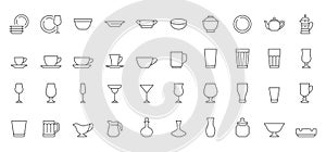 Glassware line icons set. Glass crockery - mug, wineglass, highball, teapot, plate, french press, sauceboat, vase, bowl photo