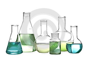 Glassware with liquids isolated. Laboratory analysis