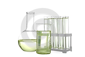 Glassware with liquids isolated. Laboratory analysis