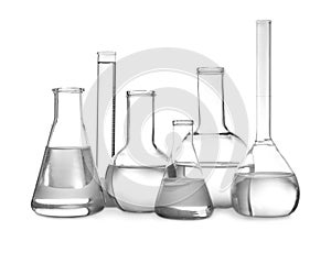 Glassware with liquids isolated. Laboratory analysis