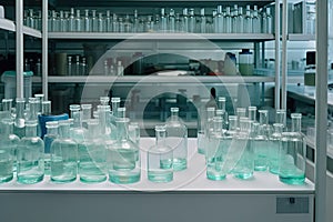 glassware and test tubes arranged in a neat and orderly laboratory