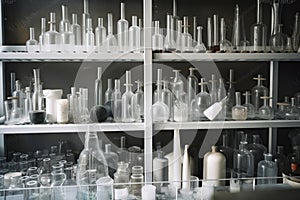 glassware and test tubes arranged in a neat and orderly laboratory