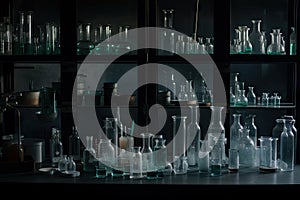 glassware and test tubes arranged in a neat and orderly laboratory