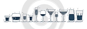 Glassware vodka whiskey rum tequila liquor red wine vermouth martini champagne beer mineral water line art in row in flat style.