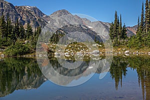 Glassy reflections. Semaphore Lakes Basin under clear blue skies, Canada