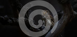 Glaucidium passerinum sits on a branch at night and looks at the prey