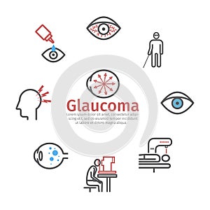 Glaucoma banner. Symptoms, Treatment. Line icons set. Vector signs for web graphics.