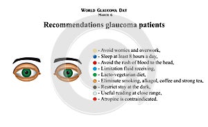 Glaucoma. Recommendations glaucoma patients. Infographics. Vector illustration on isolated background