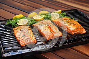 glazed cedar plank salmon fillet on a grilling pan