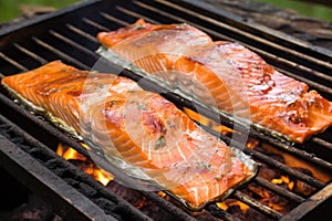 glazed cedar plank salmon fillet on a grilling pan
