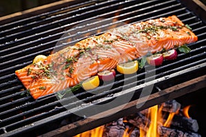 glazed cedar plank salmon fillet on a grilling pan