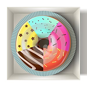 Glazed colored donut in the box 3D. Vector Illustration