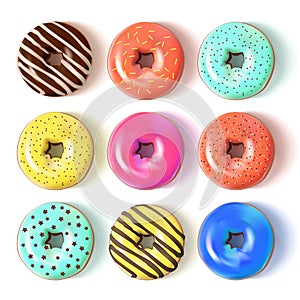 Glazed colored donuts set 3D. Vector Illustration