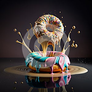 Glazed colorful Donuts falling. Splashing milk and chocolate. Dripping and oozing glaze. Generative AI