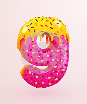 Glazed donut font. Number 9. Number nine cake. Dessert style. Collection of tasty bakery numbers with cream. Anniversary