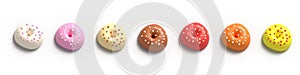 Glazed Donuts Collection 3d realistic set of elements. Sweet food, donuts with hearths sprinkle