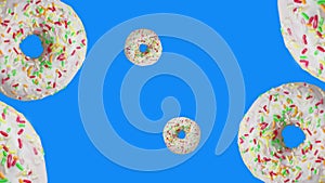 Glazed donuts moving as funnel in center on blue background, 3d animation.