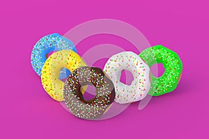 Glazed donuts on pink background. Homemade bakery. Break time. Sweet dessert. Fast food