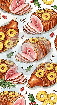 Glazed Ham Slices with Pineapple and Herbs Pattern