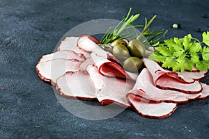 Glazed sliced ham or boiled Ham Slices, thinley cuts on table