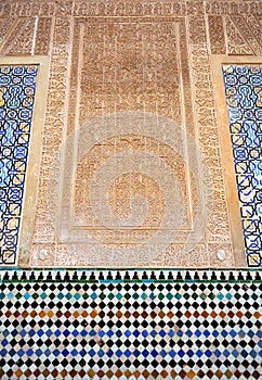 Glazed tiles, azulejos, plasterwork, Alhambra palace in Granada, Spain