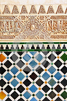 Glazed tiles, azulejos, plasterwork, Alhambra palace in Granada, Spain