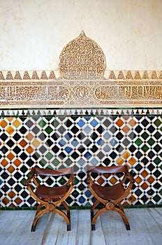 Glazed tiles, azulejos, plasterwork, Alhambra palace in Granada, Spain