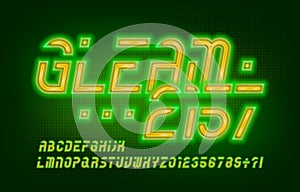 Gleam-2157 alphabet font. Futuristic glowing neon letters and numbers.