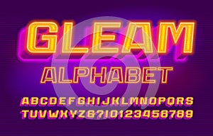 Gleam alphabet font. 3D bright letters, numbers and symbols.