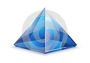 Gleaming blue crystal pyramid on a white background