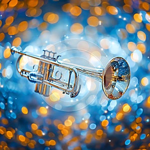 Gleaming brass trumpet floats in focus against bokeh of twinkling blue lights