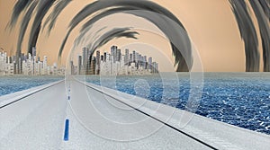 Gleaming city with surreal clouds