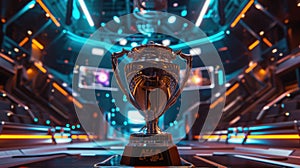 Gleaming Esports Trophy Shines Under Spotlight at a Prestigious Gaming Tournament Event