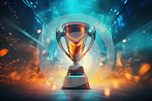 Gleaming Esports Trophy Shines Under Spotlight at a Prestigious Gaming Tournament Event