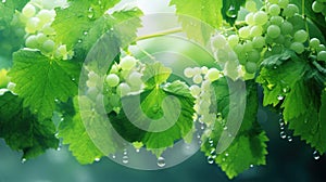 Gleaming Grape Vines: Rain-Kissed Leaves Glistening in Sunlight AI Generated