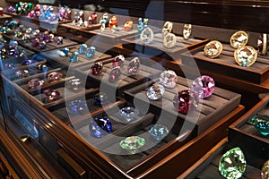 Gleaming Multicolored Gemstones on Display in a Glass Case, Reflecting Elegance and Wealth