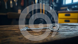 Gleaming silver key on rustic wooden counter in workshop setting with organized tools and key racks in the background