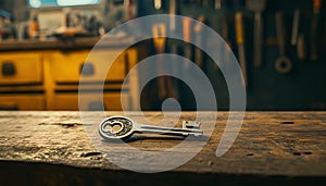 Gleaming silver key on rustic wooden counter in workshop setting with organized tools and key racks in the background