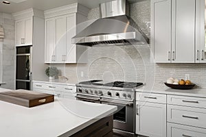 gleaming stainless steel range hood and sleek countertops in modern white kitchen