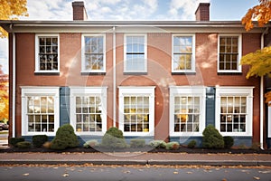 gleaming windows of a brick colonial home with reflection of trees
