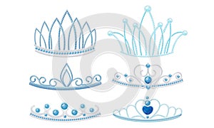 Gleamy Princess Crowns or Diadems with Precious Stones Vector Set