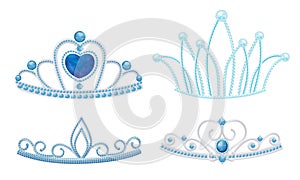 Gleamy Princess Crowns or Diadems with Precious Stones Vector Set