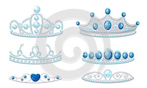 Gleamy Princess Crowns or Diadems with Precious Stones Vector Set