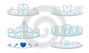 Gleamy Princess Crowns or Diadems with Precious Stones Vector Set