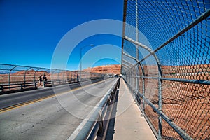 GLEN CANYON, ARIZONA - JUNE 26, 2018: Lake Powell and Glen Canyon Dam and road in the Desert of Arizona