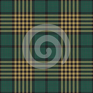 Glen check plaid pattern in black, gold, green. Seamless hounds tooth tartan check plaid tweed graphic for skirt, jacket, coat.